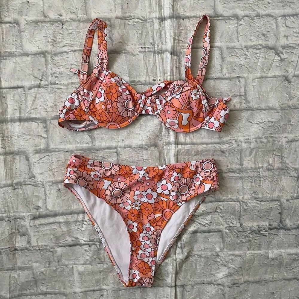 Women M 2 piece floral print hi leg bikini bottom & tie back top w/pads